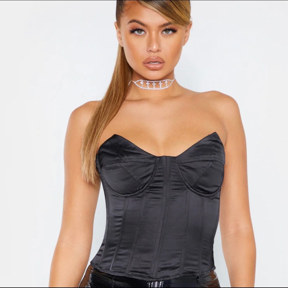 PLT Black Satin Structured Bust Detail Corset Top